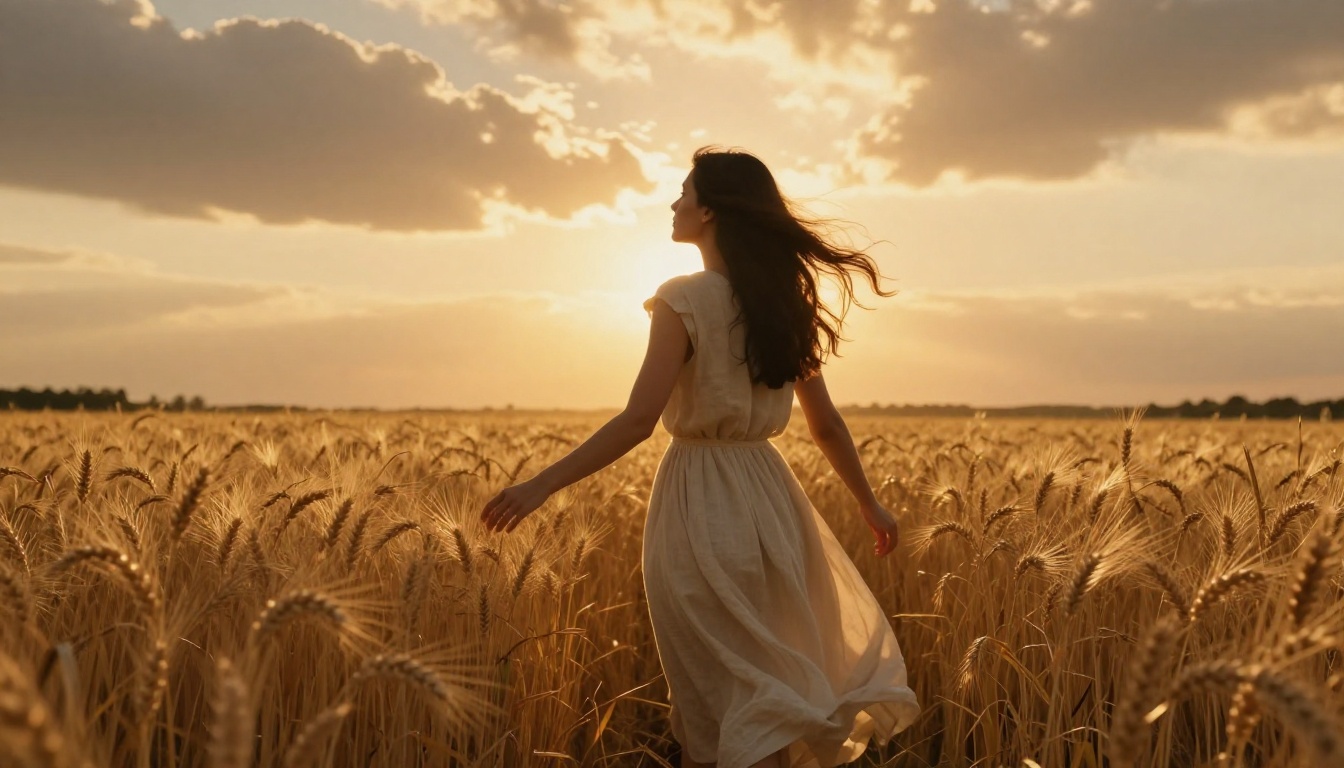 Cinematic golden-hour wheat field with woman in flowing dress demonstrating photorealistic video output quality