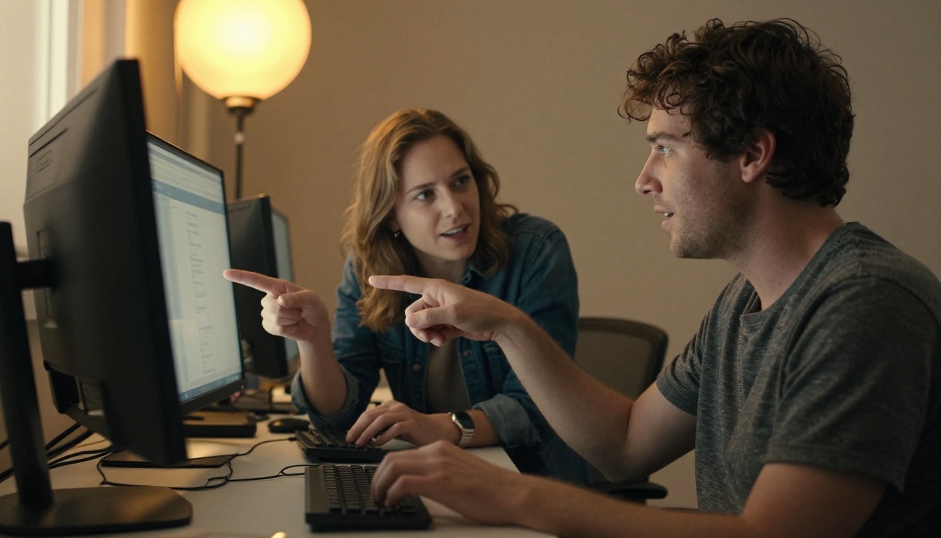 Two animators collaborating at shared workstation with one pointing at screen and the other typing Two animators collaborating at shared workstation with one pointing at screen and the other typing