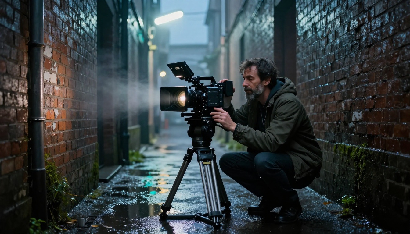 Professional cinematographer with cinema camera in wet urban alleyway at blue hour