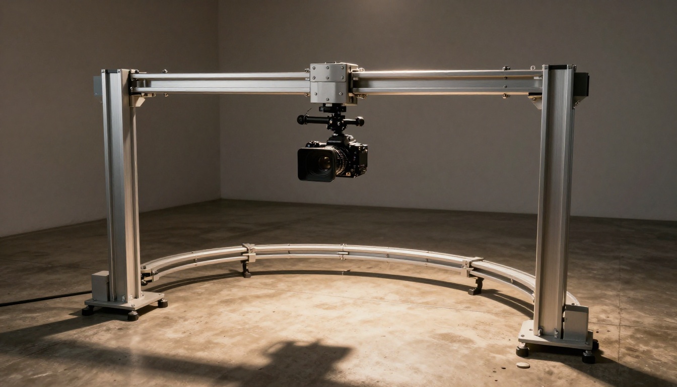 Low-angle view of professional video camera on precision motion control rig arm with curved silver rail tracks across studio floor Low-angle view of professional video camera on precision motion control rig arm with curved silver rail tracks across studio floor