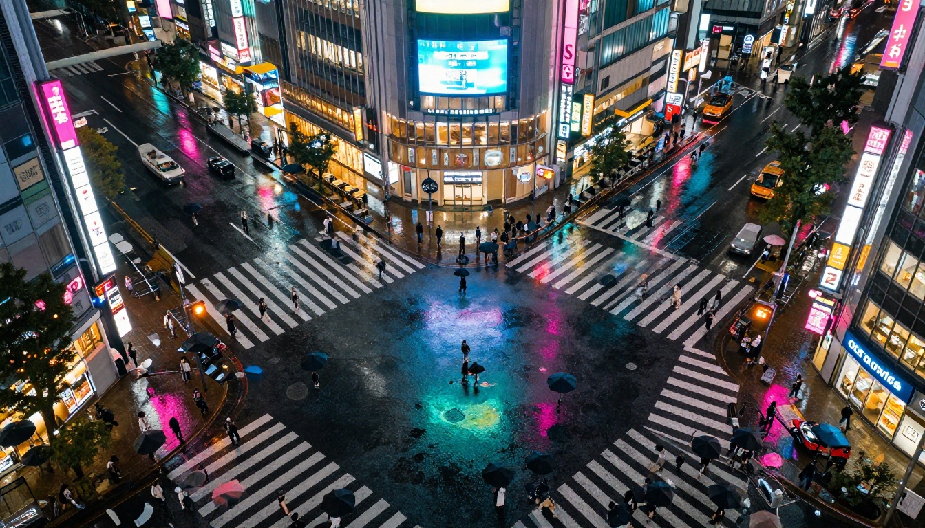 Aerial nighttime Tokyo intersection with hundreds of pedestrians and wet asphalt neon reflections