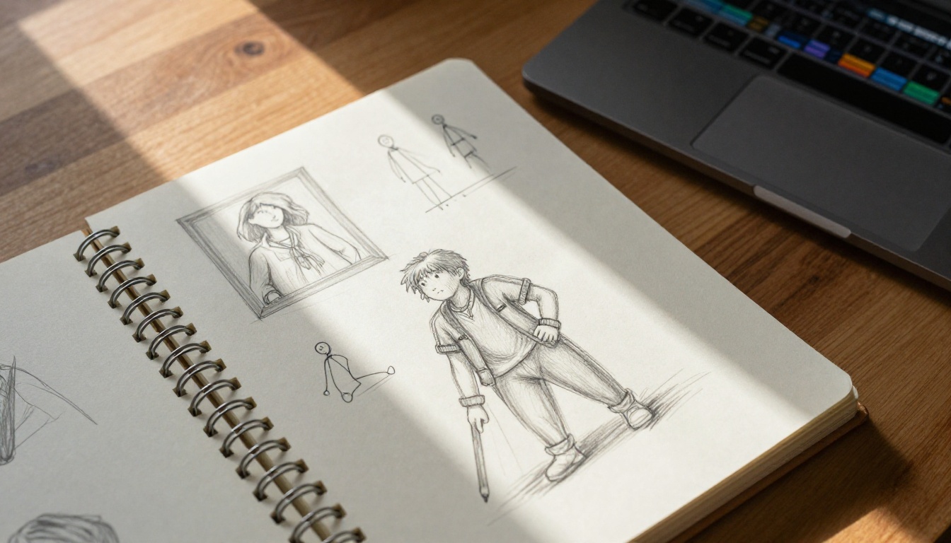 Open storyboard sketchbook with pencil-drawn character pose frames beside a laptop showing animation software, lit by angled morning window light Open storyboard sketchbook with pencil-drawn character pose frames beside a laptop showing animation software, lit by angled morning window light