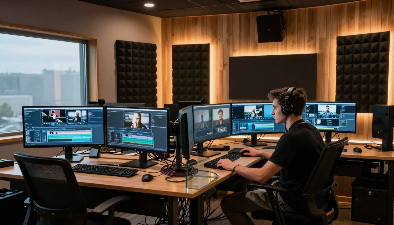 Modern multi-workstation content creation studio with video editing timelines on ultra-wide monitors