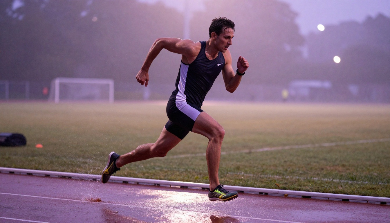 Male athlete sprinting at dawn with suspended water droplets showing precise motion fidelity in AI video