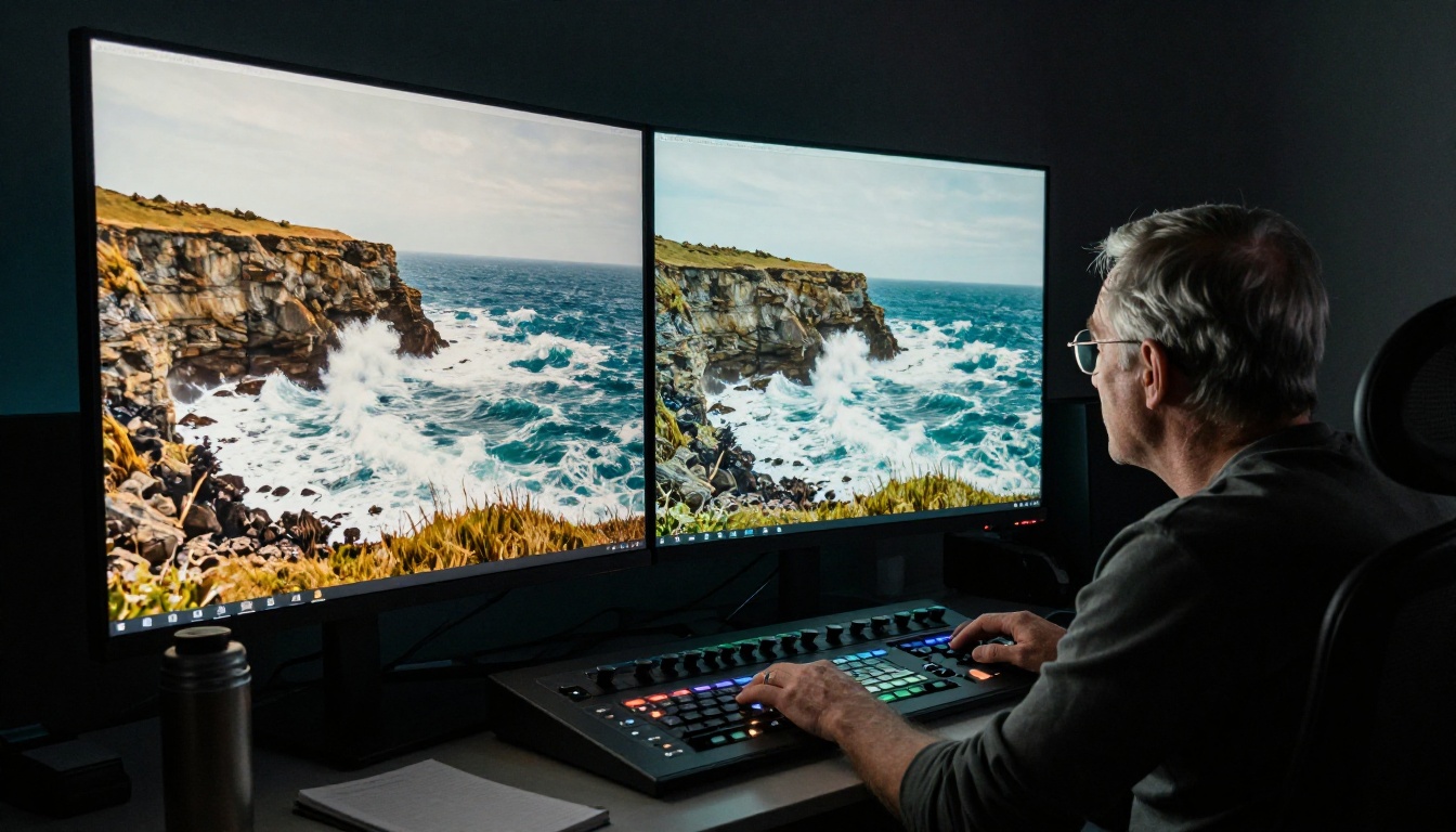 Professional color grading suite with dual-screen reference monitor comparing two video color treatments