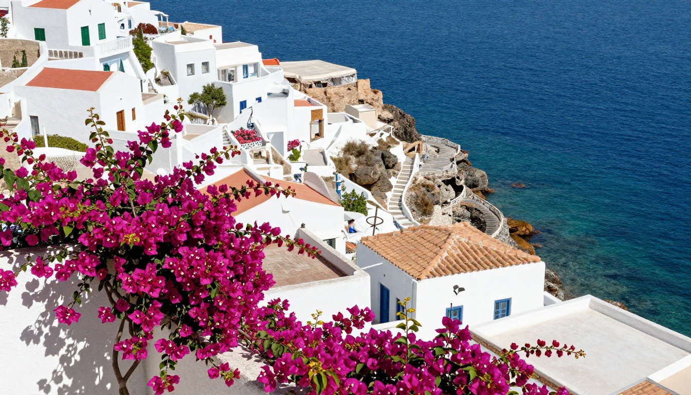 Sun-drenched Mediterranean coastal village with turquoise cove showing photorealistic landscape quality