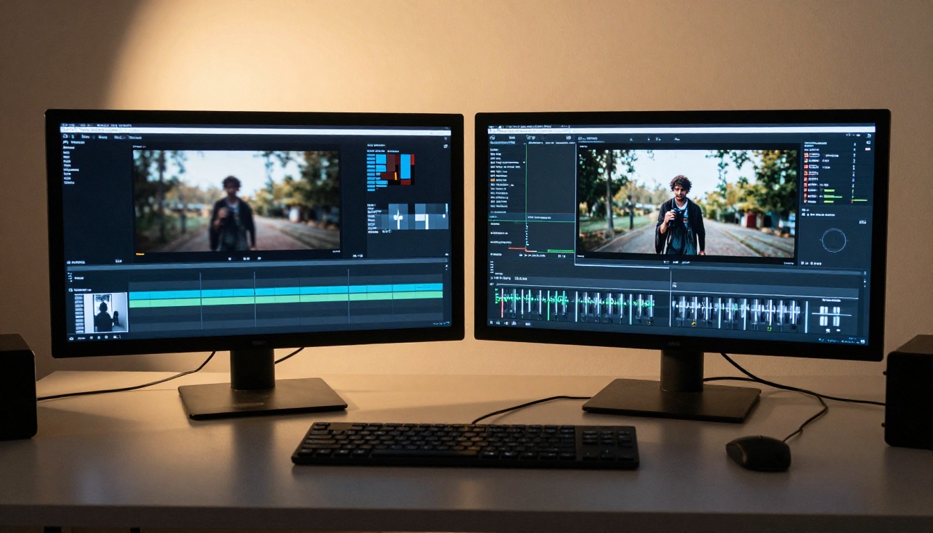 Dual monitor setup comparing AI video quality across generations Dual monitor setup comparing AI video quality across generations