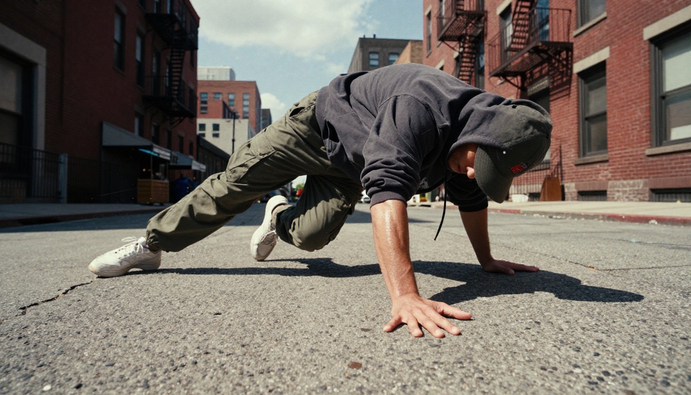 Hip-hop dancer in urban freeze position with arm planted on asphalt, low-angle city skyline