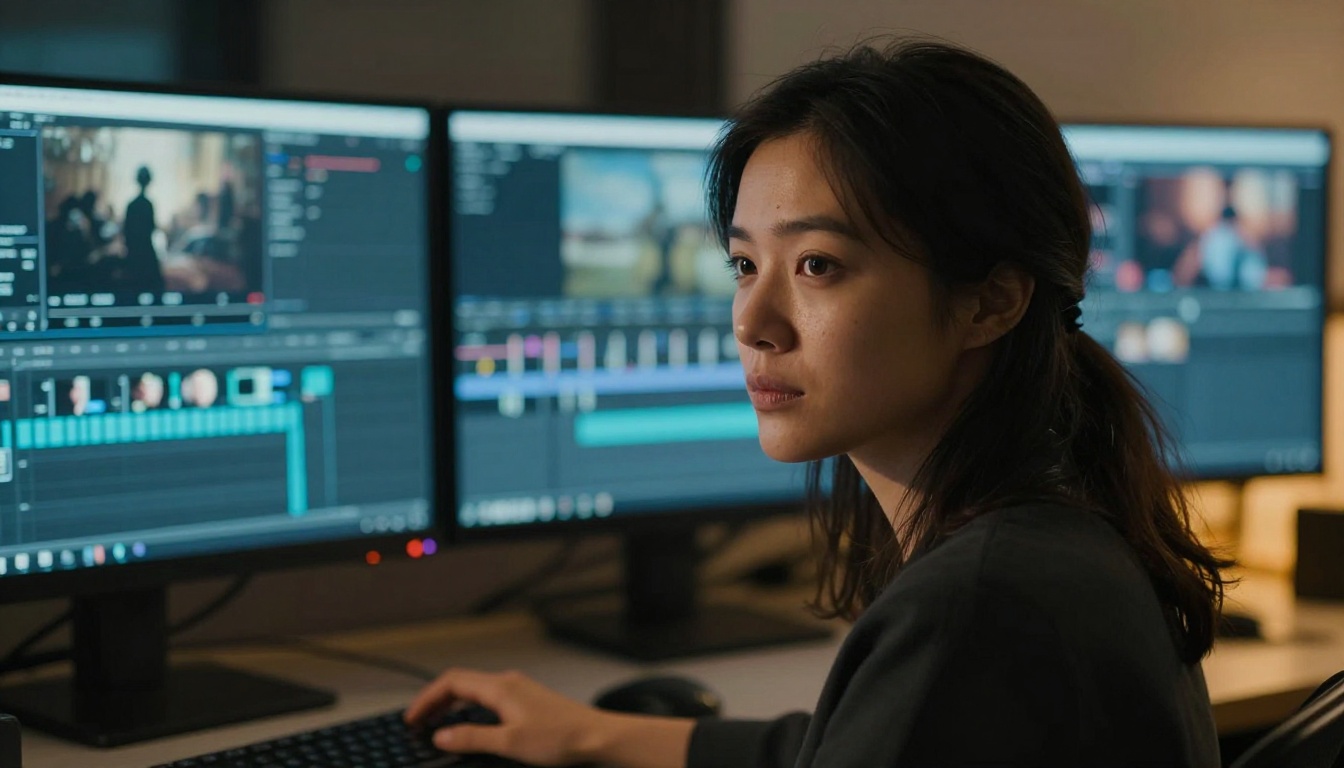 Female video director at editing workstation with cinematic footage on screens Female video director at editing workstation with cinematic footage on screens