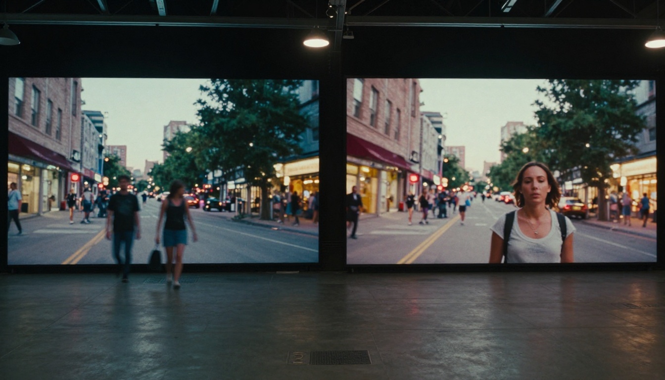 Two screens showing the same urban street scene in older vs newer AI video quality Two screens showing the same urban street scene in older vs newer AI video quality