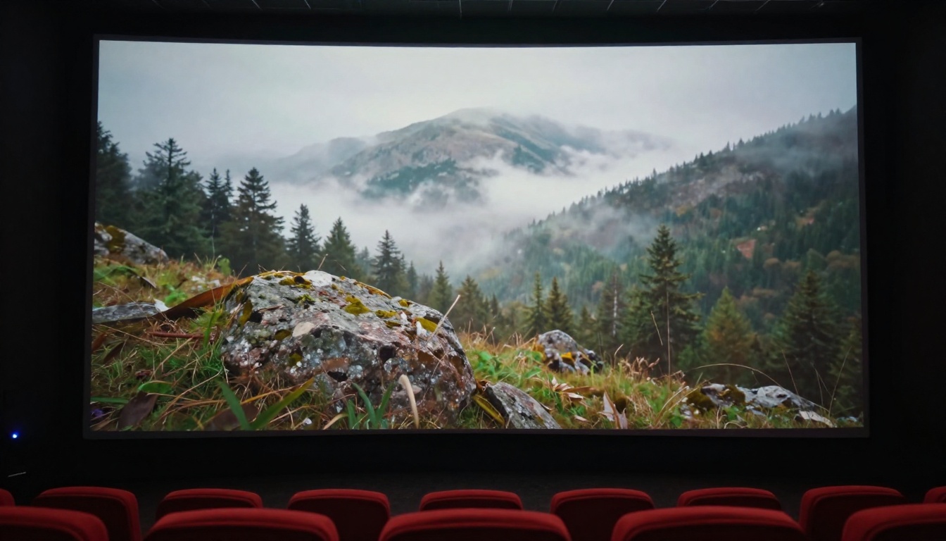 Low-angle view of cinema projection screen displaying stunning landscape footage Low-angle view of cinema projection screen displaying stunning landscape footage