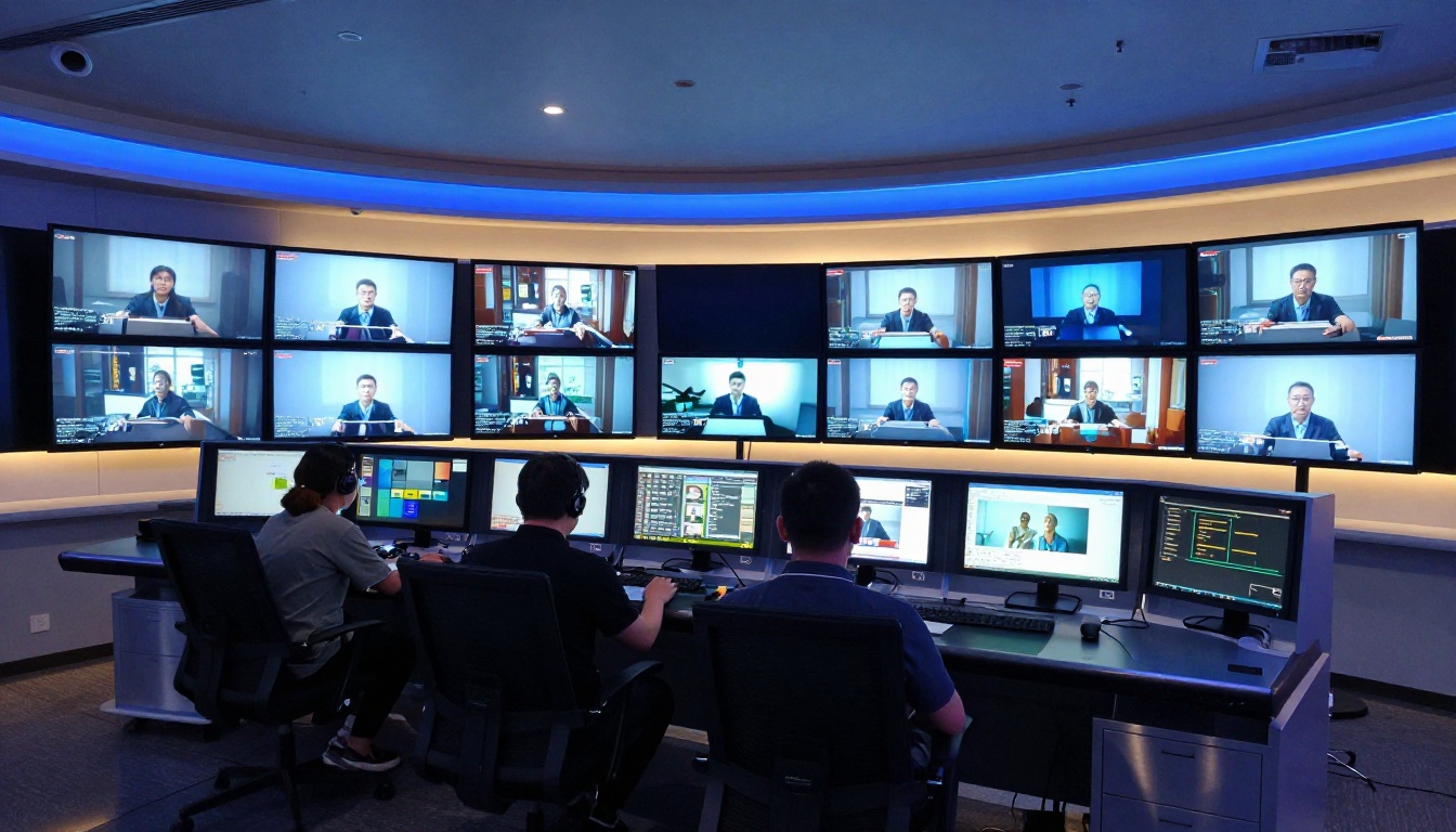 Broadcast control room with curved bank of monitors showing AI-generated video clips Broadcast control room with curved bank of monitors showing AI-generated video clips