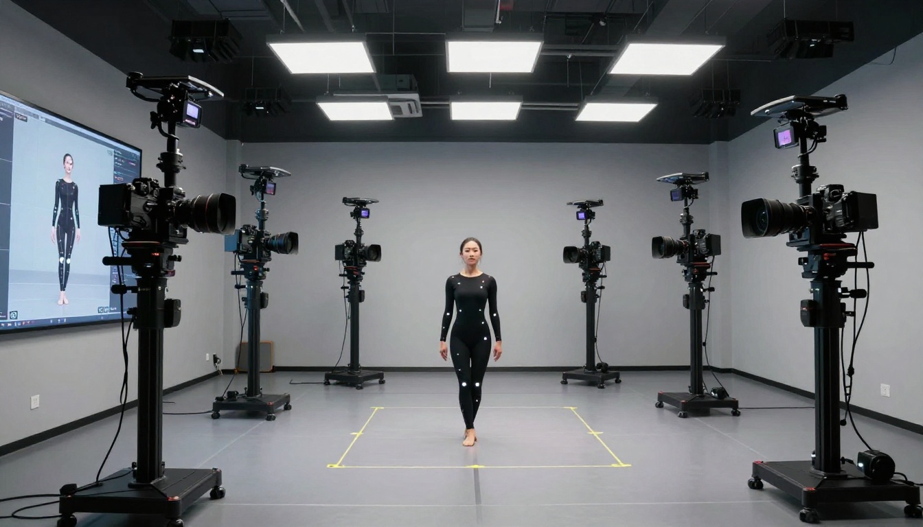 Motion capture studio with dancer surrounded by tracking cameras and real-time wireframe display