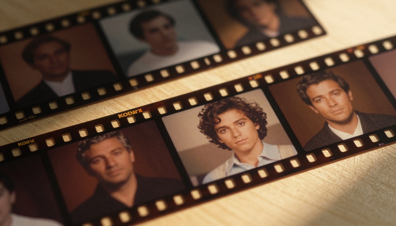 Film strip showing frames transitioning from blurry older generation quality to sharp photorealistic output Film strip showing frames transitioning from blurry older generation quality to sharp photorealistic output