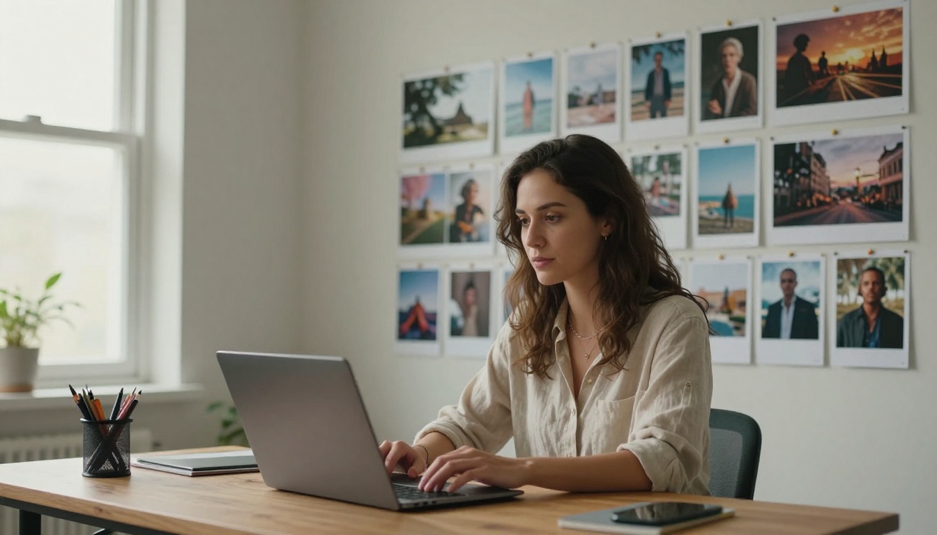 Creative video producer at standing desk reviewing cinematic AI video reference prints Creative video producer at standing desk reviewing cinematic AI video reference prints