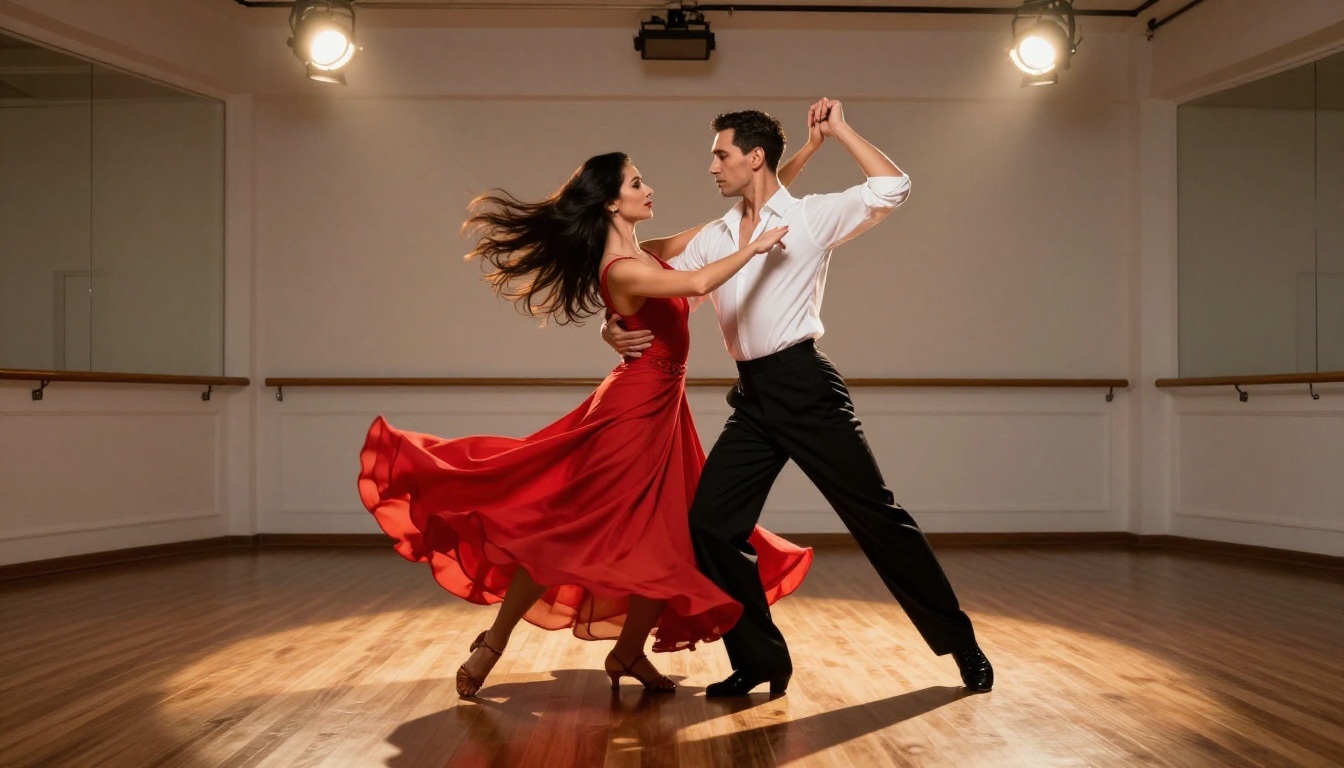 Salsa dancing couple mid-spin in professional studio with mirror reflections and warm spotlight pools
