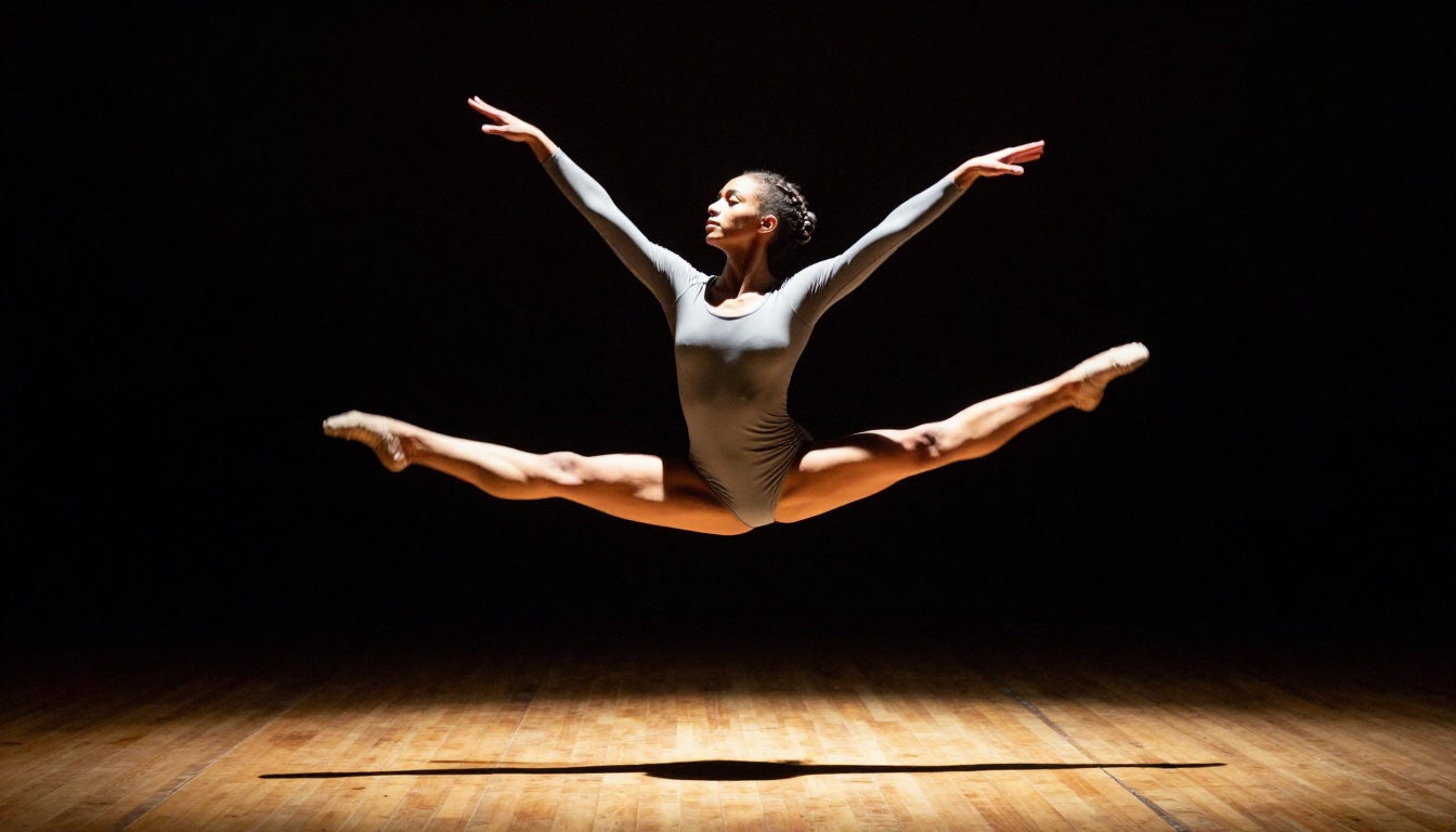 Contemporary female dancer suspended in a split leap, theatrical overhead spotlight on black stage