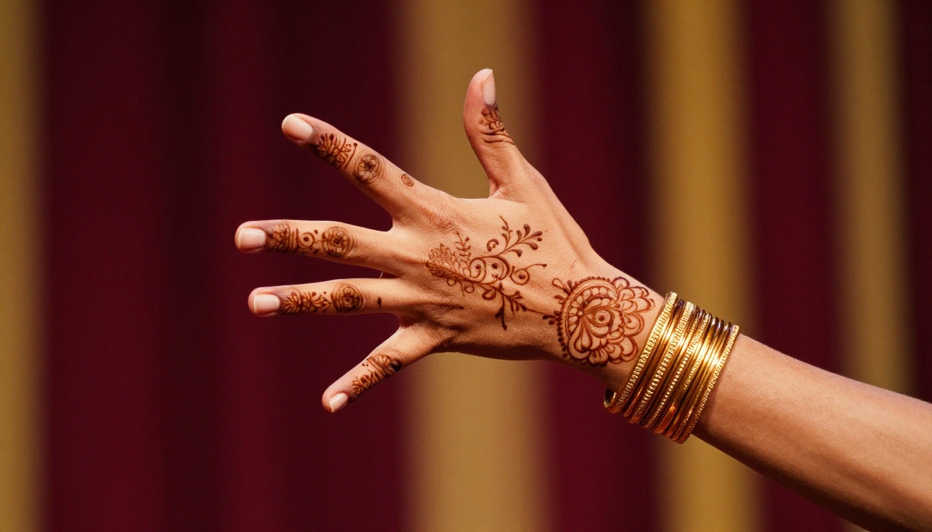 Dancer's hand with henna patterns and gold bangles in precise mudra gesture, macro close-up