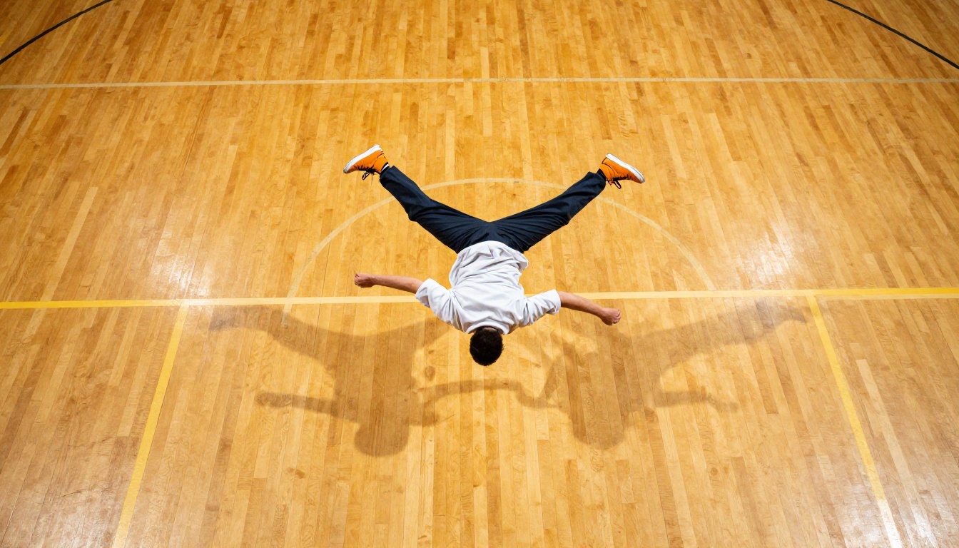 Aerial top-down view of a b-boy dancer performing a windmill spin on maple hardwood floor