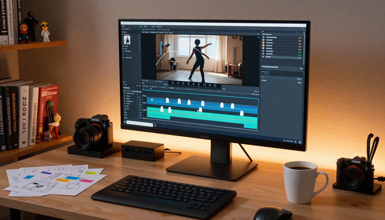 Creative professional at editing workstation with dancer motion path visible on large monitor