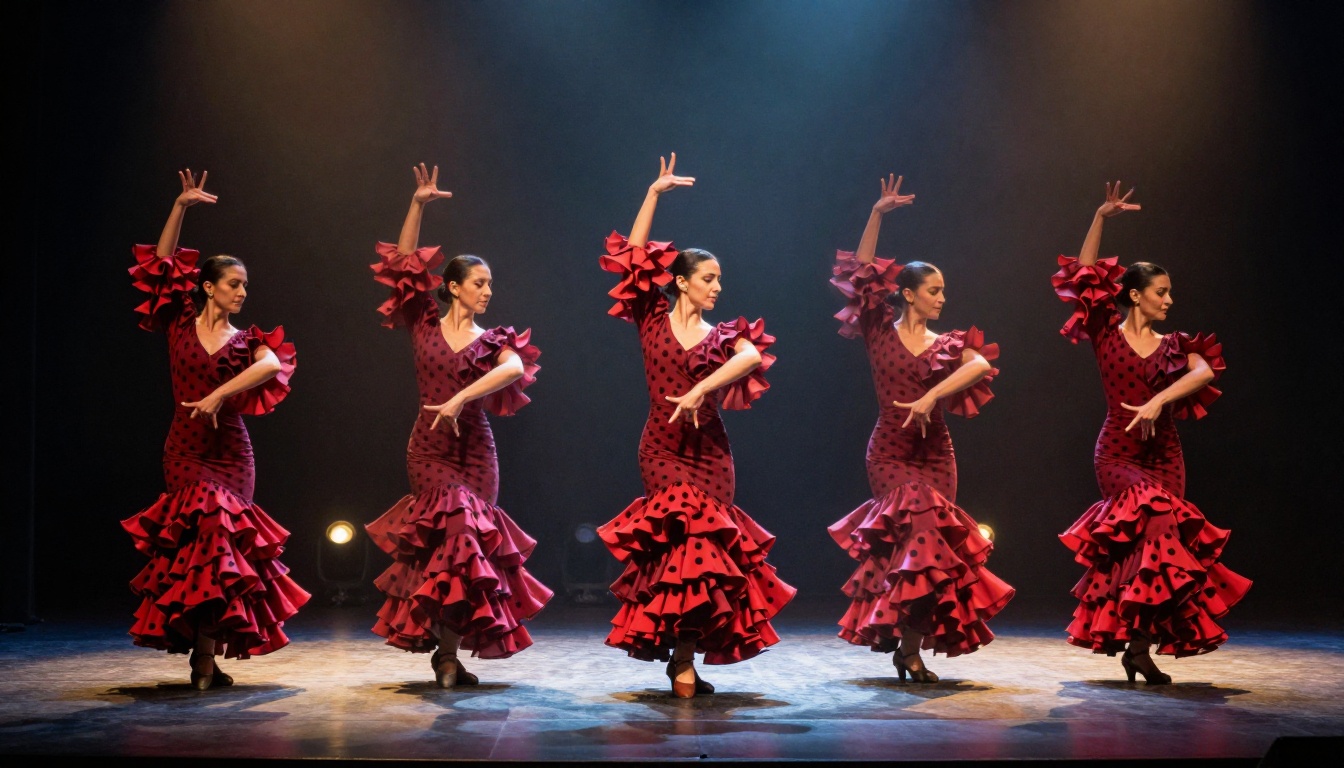 Flamenco dancer in multiple exposure sequence showing seven-phase stamp movement arc across dark stage
