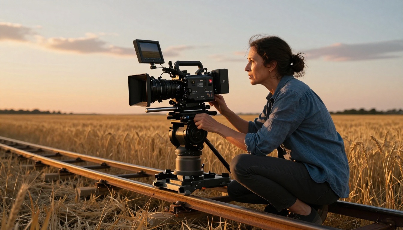 A cinematographer studies AI-generated footage on a cinema rig at golden hour