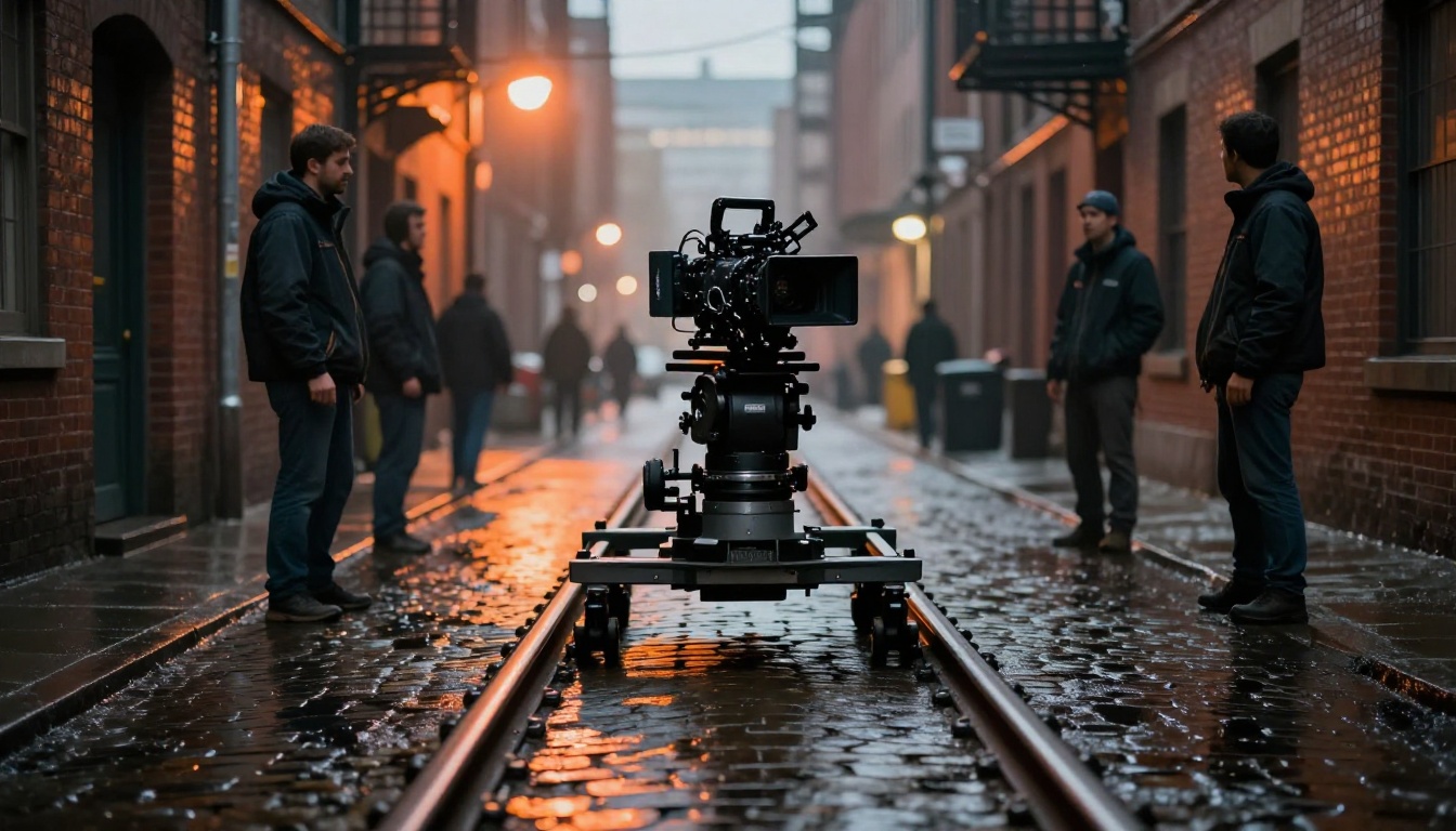 Camera dolly on precision rails tracking through a cinematic alleyway set at dusk Camera dolly on precision rails tracking through a cinematic alleyway set at dusk
