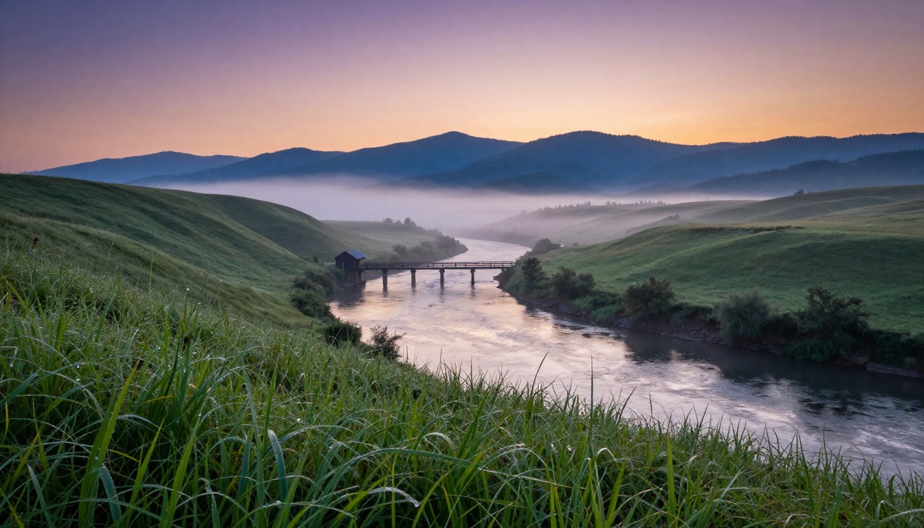 A sweeping misty river valley landscape at dawn representing cinematic AI video output quality