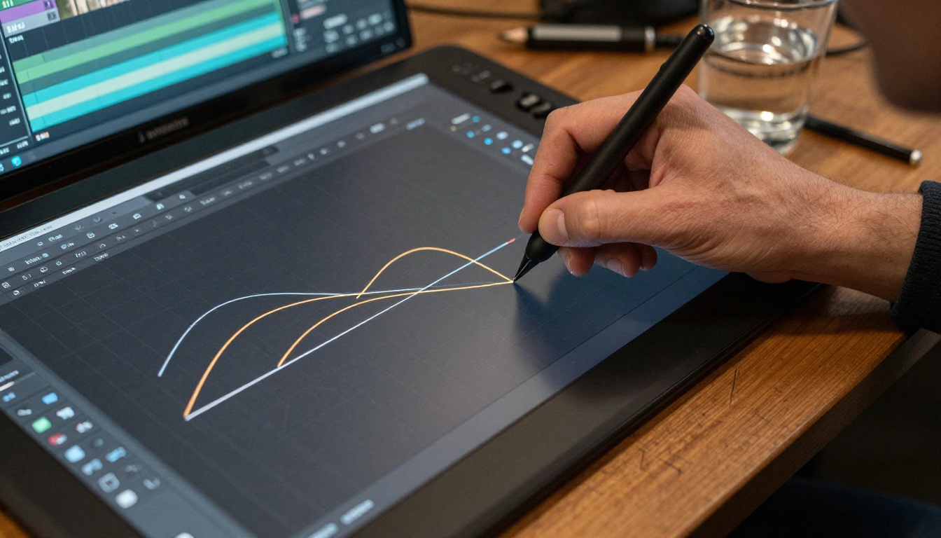 Filmmaker's hand drawing precise motion control curves on a professional graphics tablet Filmmaker's hand drawing precise motion control curves on a professional graphics tablet