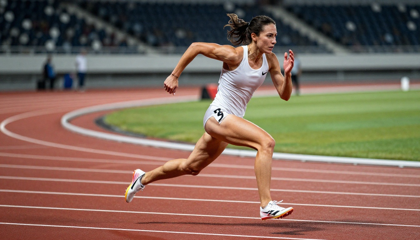 A female sprinter frozen mid-stride on a professional track representing AI video motion quality
