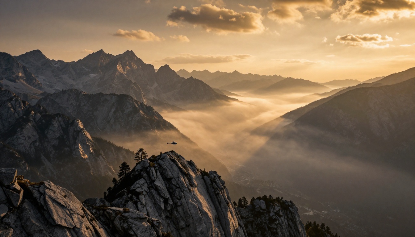 Aerial view of dramatic mountain landscape at golden hour with morning mist in valley Aerial view of dramatic mountain landscape at golden hour with morning mist in valley