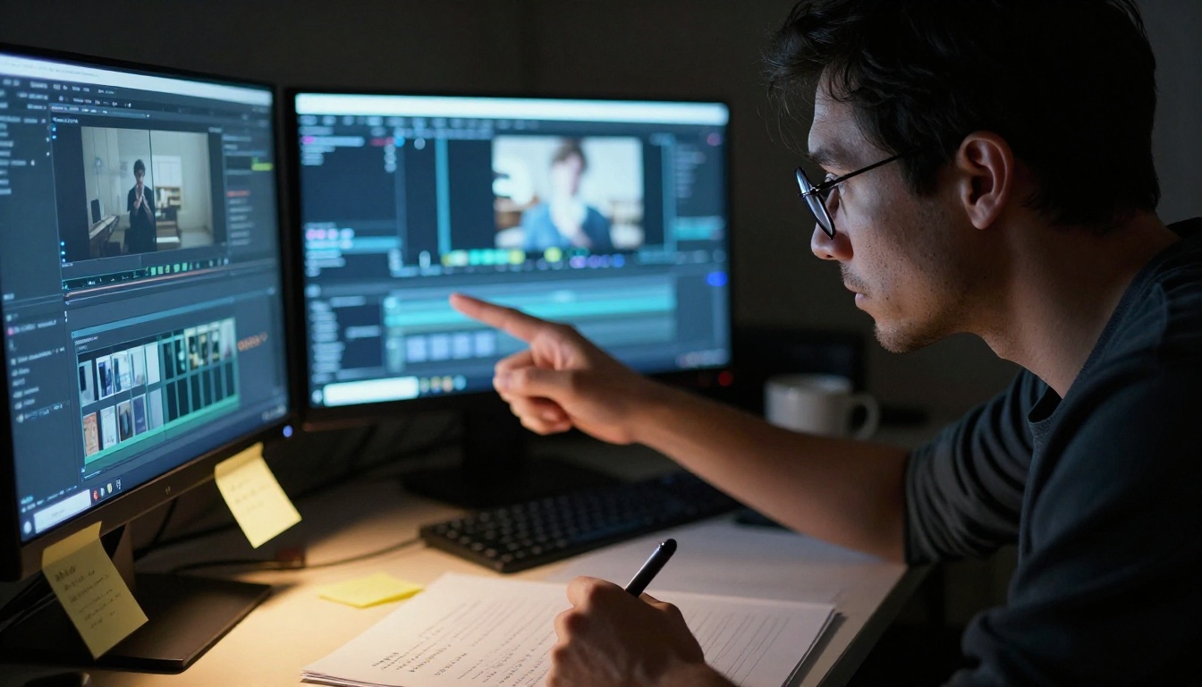 A video editor scrutinizes a paused frame at their workstation late at night