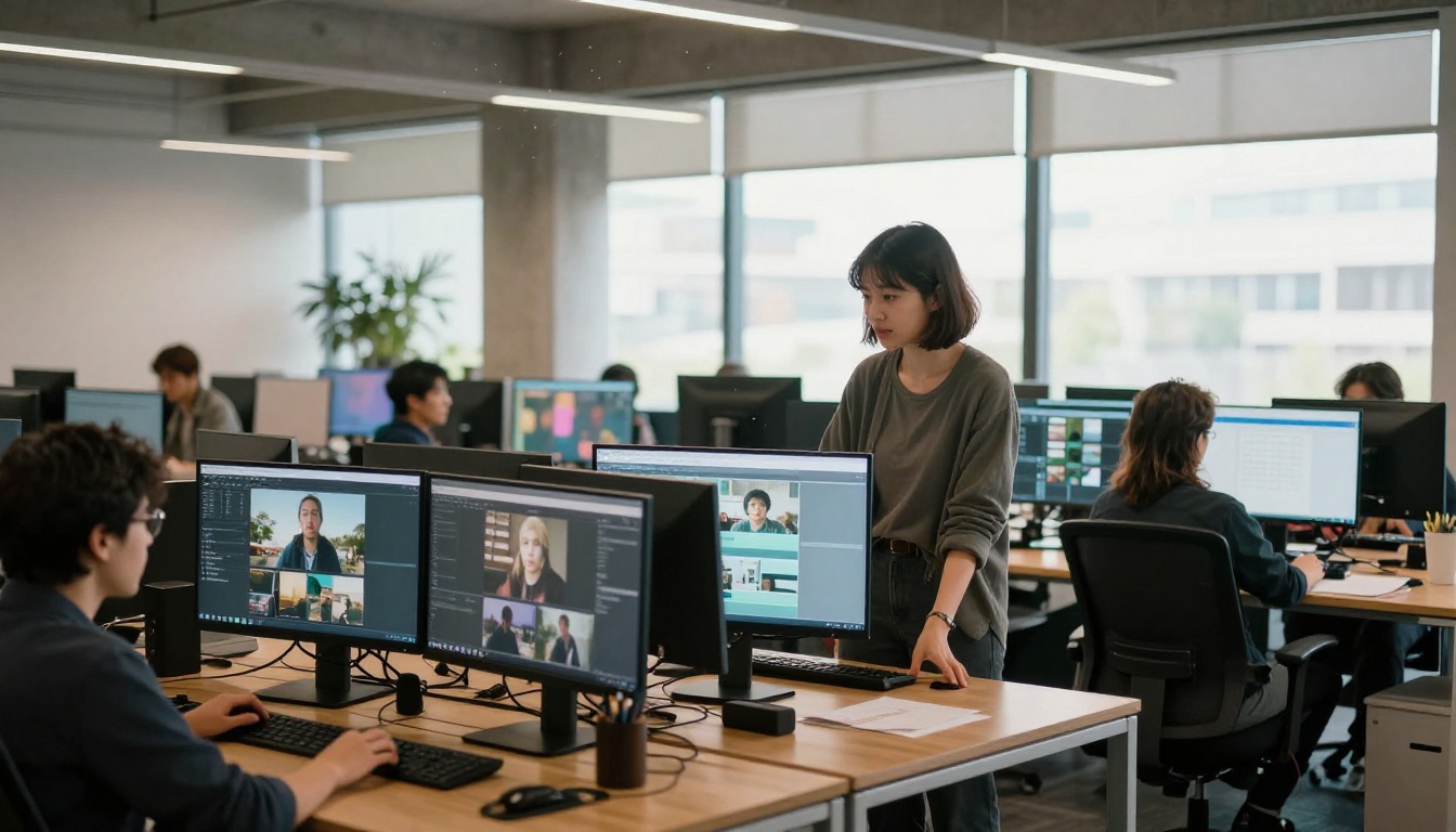 A creative agency team reviews and compares video outputs across multiple screens in a modern office