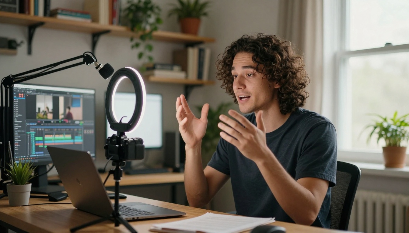 A solo content creator records in their home studio with professional ring light and camera setup