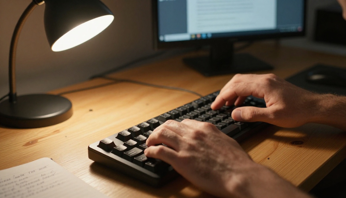 Close-up of hands typing on matte black mechanical keyboard with warm tungsten desk lamp casting directional shadows and handwritten notes beside it