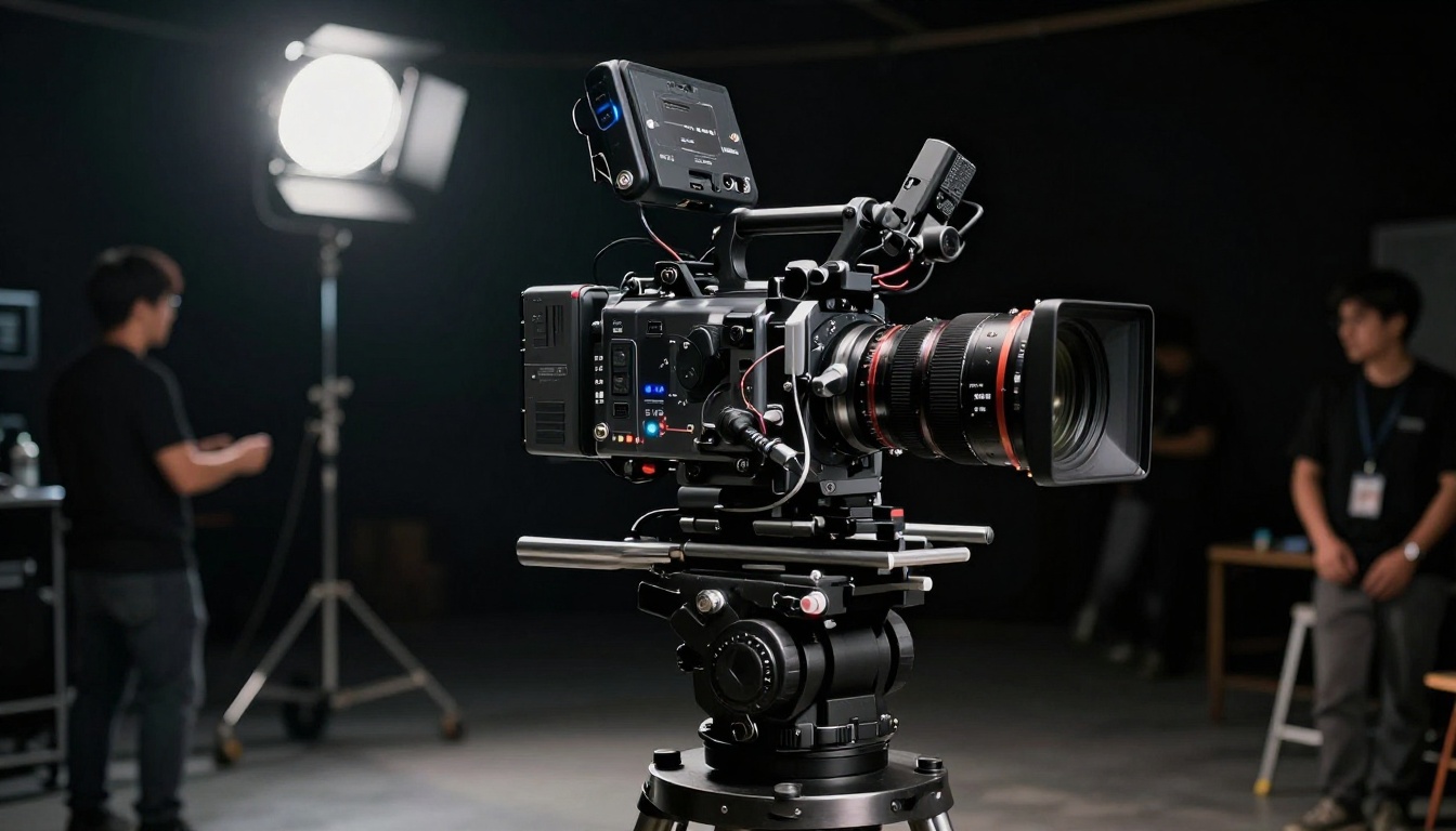 Professional cinema camera on a motorized gimbal rig in a dark film studio Professional cinema camera on a motorized gimbal rig in a dark film studio