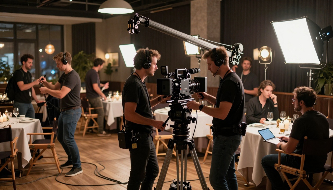 A professional film crew works on an indoor production set with cinema equipment and tungsten lighting