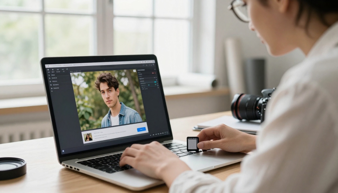 Professional photographer in white linen shirt uploading a photo from camera memory card to laptop showing AI image-to-video interface in a bright north-lit studio