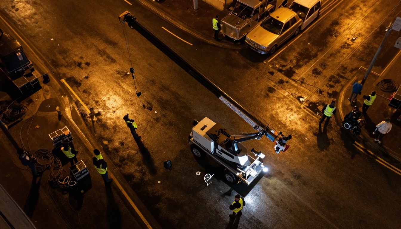 Overhead drone view of film production crew setting up camera crane on wet urban street at night Overhead drone view of film production crew setting up camera crane on wet urban street at night
