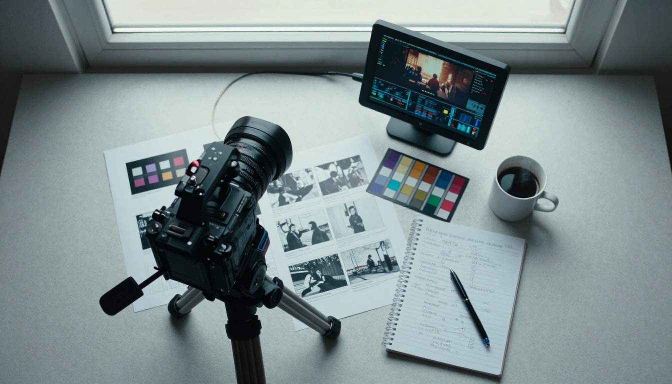 Aerial overhead view of a filmmaker's workspace scattered with storyboard frames, video camera on tripod, color-graded monitor, coffee and scene notes in overcast window light