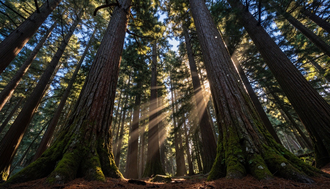 Low-angle shot looking up through old-growth forest canopy with volumetric light shafts Low-angle shot looking up through old-growth forest canopy with volumetric light shafts