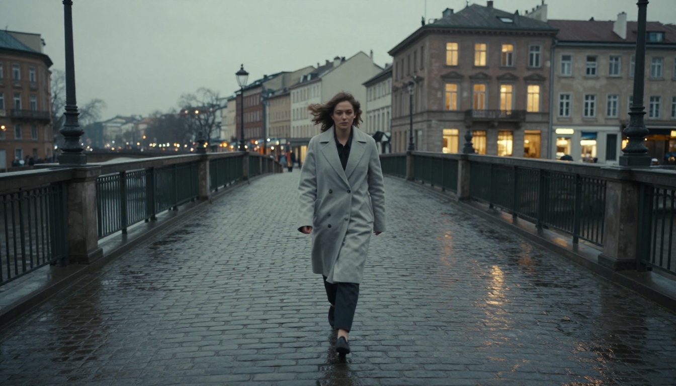 Cinematic still of a woman in a light-grey overcoat walking across a pedestrian bridge over a river at dusk with wet cobblestones and warm window reflections