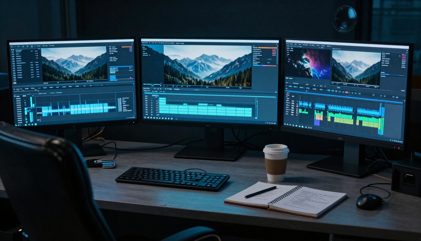 Film editing suite at night with multiple monitors showing video timeline and color grading panels Film editing suite at night with multiple monitors showing video timeline and color grading panels
