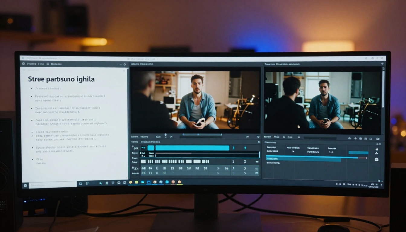 Split view showing text, image, and video input panels on a large studio monitor with warm amber and cool blue mixed lighting