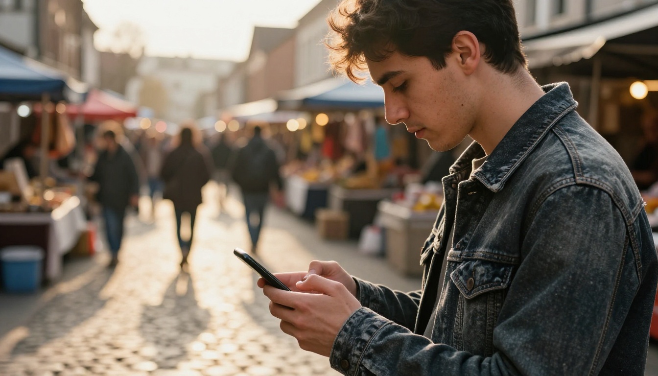 Young man in charcoal crewneck sweater filming a bustling street market on a smartphone at golden hour with warm bokeh in the background