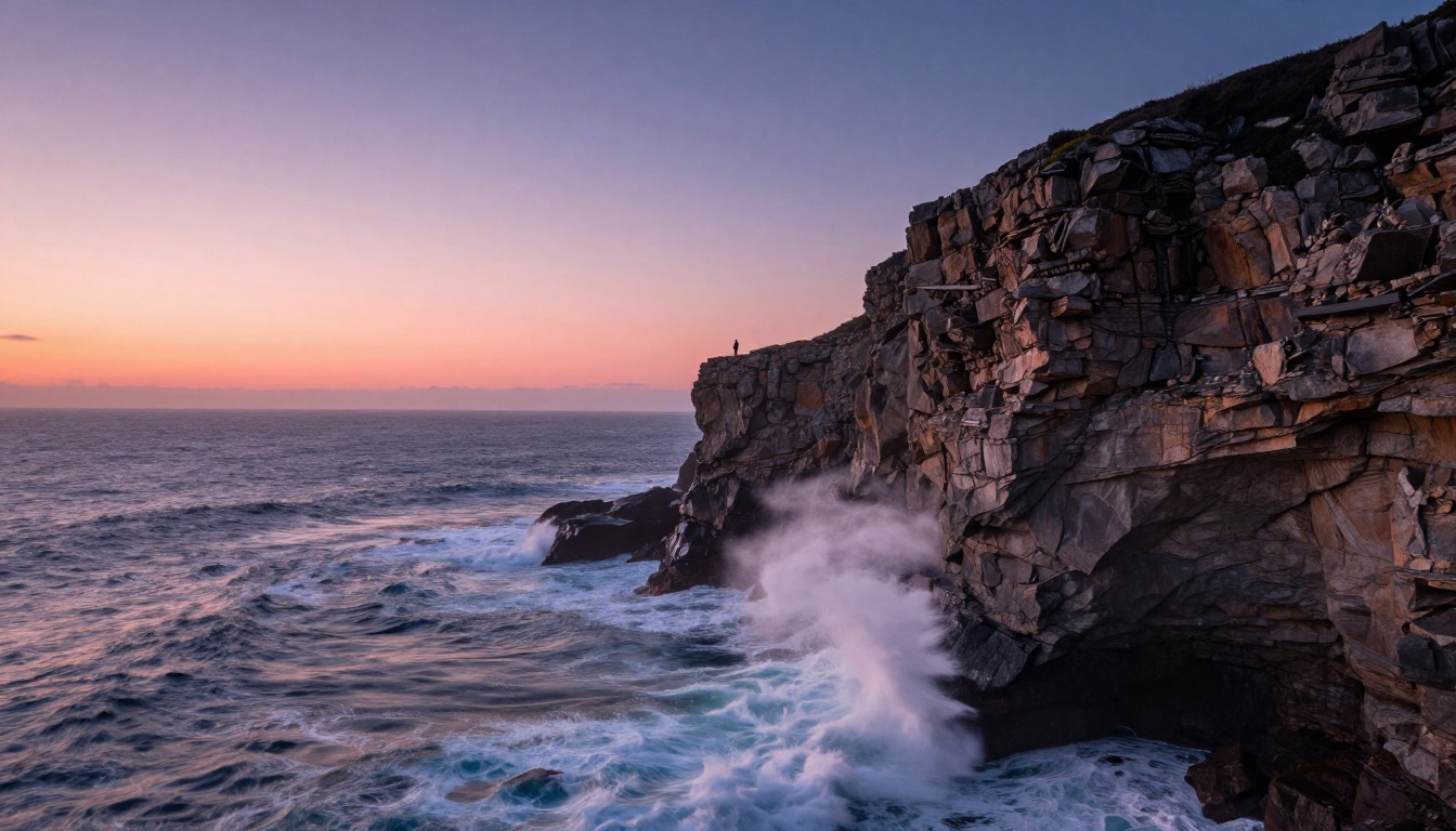Dramatic coastal cliff at sunrise with ocean waves and lone silhouetted figure at the edge Dramatic coastal cliff at sunrise with ocean waves and lone silhouetted figure at the edge