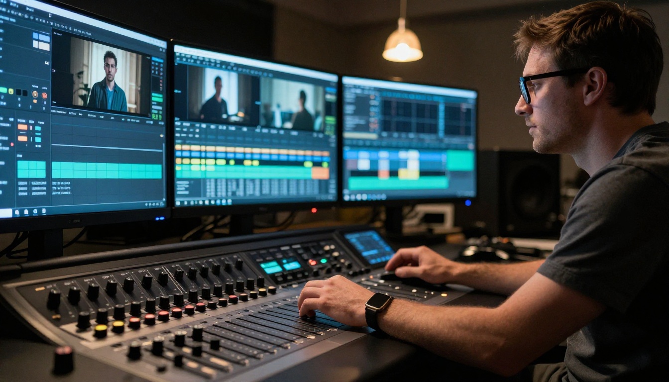 Colorist with dark-rimmed glasses in high-end post-production suite with curved color grading monitor, control surface with sliders, and mixed blue and warm incandescent lighting