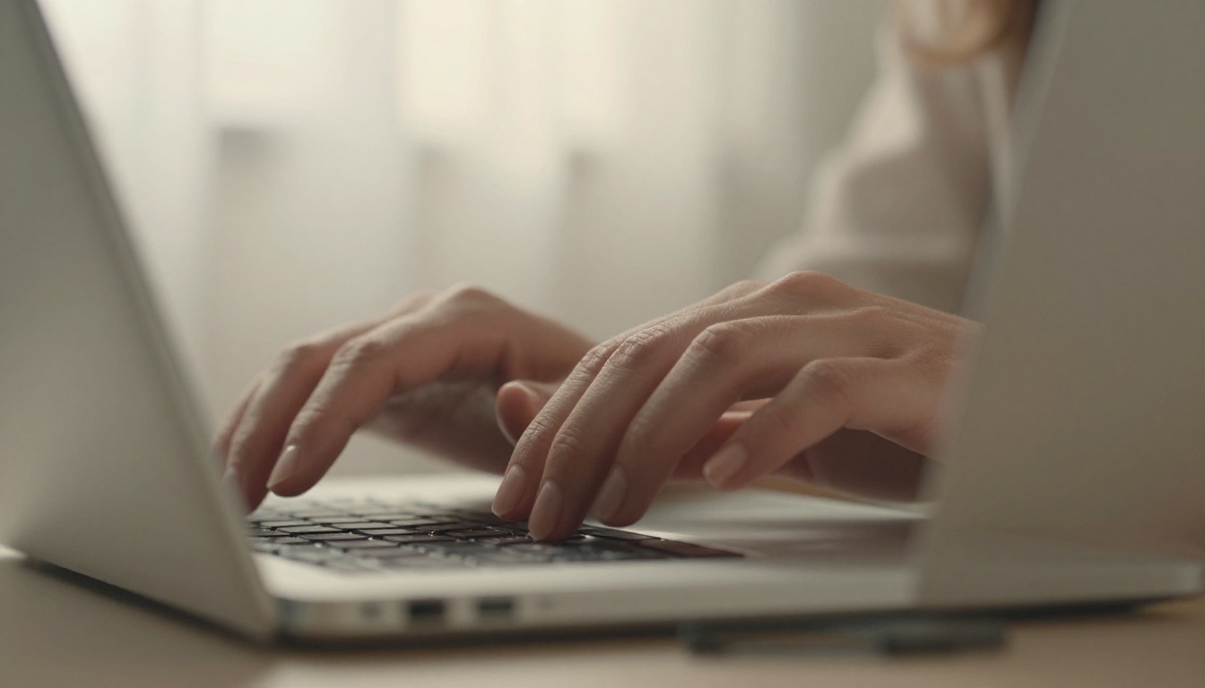 Close-up of a woman's hands typing on a silver laptop with volumetric morning light entering through a linen curtain creating gentle shadows across the keys