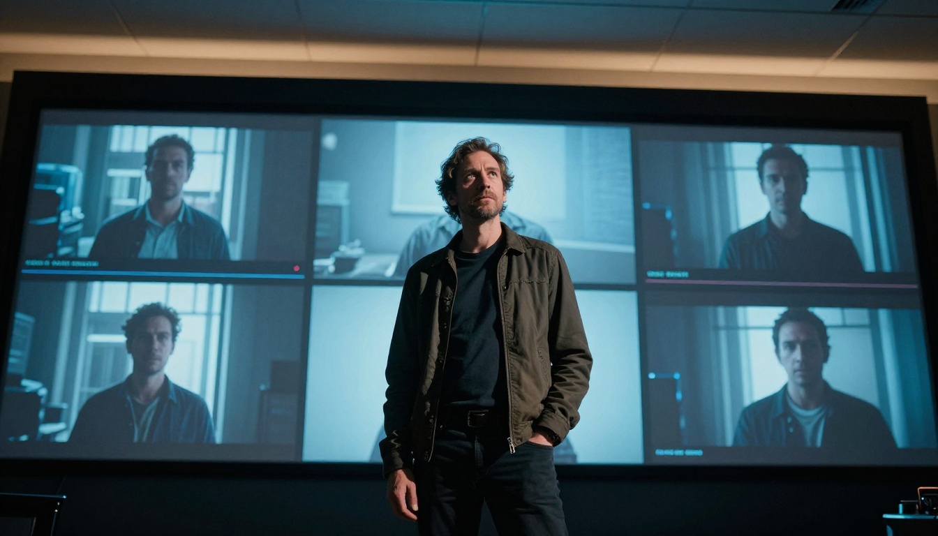Film director standing arms crossed in front of large monitor wall reviewing AI-generated video footage with cool blue screen light casting dramatic shadows across his face