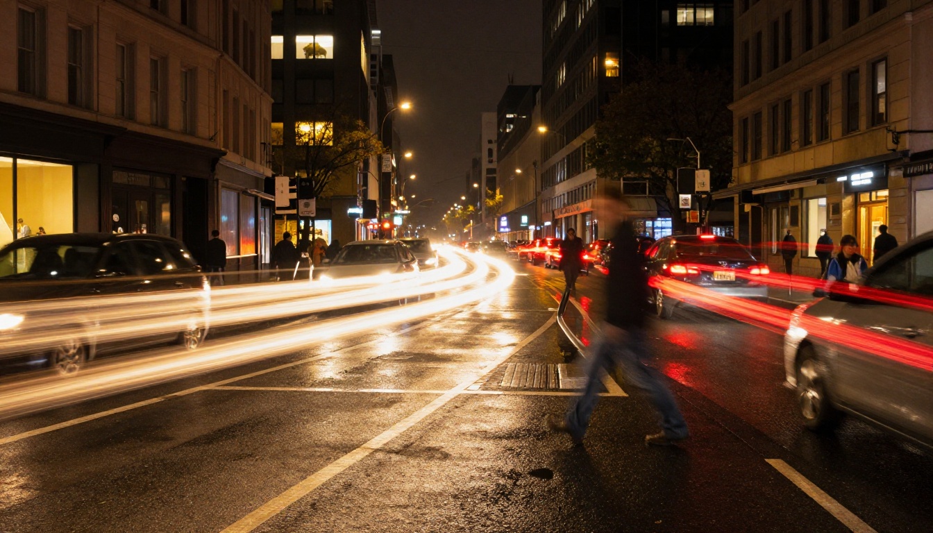 Long-exposure night city street with car light trails and atmospheric motion blur